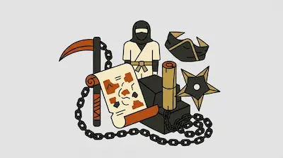 A collection of ninja equipment including a kusarigama, a shuriken, a map, and a small ninja figure.