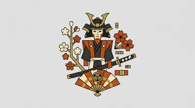 A stylized samurai figure in orange and black armor, surrounded by cherry blossoms, a katana, and a folding fan.