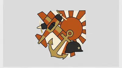 A twin-engine airplane, an anchor, and a military helmet with a star are layered over a rising sun with radiating beams.