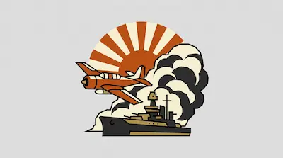 A stylized orange propeller plane flies over a battleship with a rising sun and billowing smoke in the background.