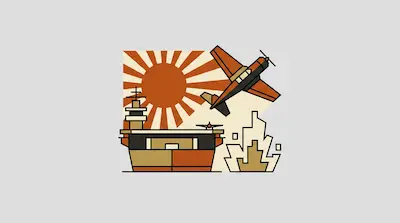 A minimalist graphic of a propeller plane flying over an aircraft carrier with a sun and radiating rays in the background and stylized explosions to the right.