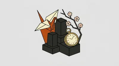 An orange origami crane, a gold pocket watch, and a cherry blossom branch are arranged on dark rectangular blocks.