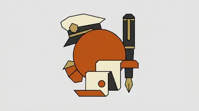 A geometric illustration of a large orange circle surrounded by a captain's hat, a fountain pen, and a scroll.