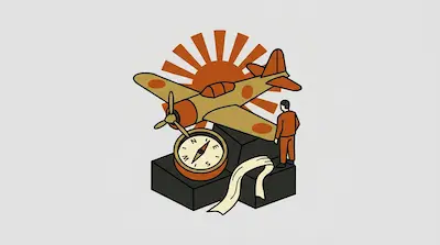 A tan airplane with orange circles is positioned above a large compass and a person in an orange jumpsuit, set against a rising sun.