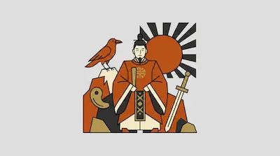 A man in traditional robes stands before a rising sun, flanked by a large bird and a sword.