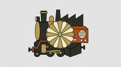 A stylized composition of a steam locomotive, a large golden flower emblem, a factory silhouette, and a vintage radio.