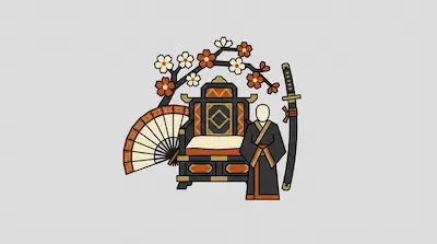 A person in a kimono stands beside an ornate chair, a katana, a folding fan, and a flowering cherry blossom branch.