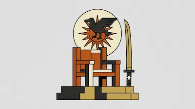 A geometric throne and upright sword stand before a circular emblem featuring a black bird and a sun.