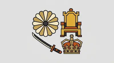 Four stylized icons of a chrysanthemum, a throne, a sword, and a crown arranged in a square.