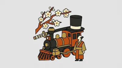 A stylized steam engine wearing a top hat and carrying a katana, with a person in traditional Japanese attire standing beside it under a flowering branch.
