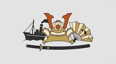 A samurai helmet, a katana, a folding fan, and a steamship are arranged together against a plain background.