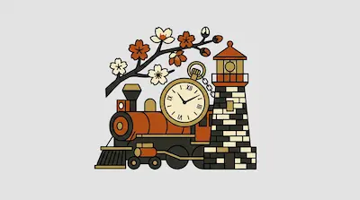 A steam locomotive, a pocket watch, and a lighthouse are clustered together under a flowering cherry blossom branch.