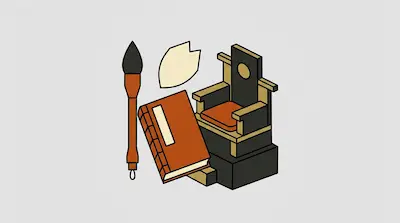 A calligraphy brush, a thick book, a shield, and a throne-like chair in an isometric style.