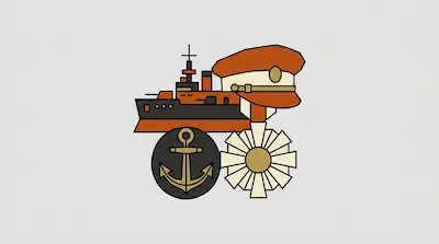 A graphic composition of a naval ship, a captain's hat, an anchor emblem, and a sunburst medal.