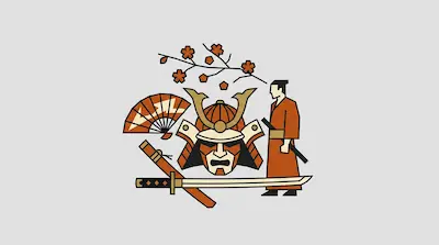 Stylized icons of a samurai helmet, a katana sword, a folding fan, a cherry blossom branch, and a figure in traditional Japanese clothing.