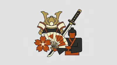 Stylized icons of a samurai helmet, a katana, a folding fan, a cherry blossom, and a figure in traditional Japanese attire.