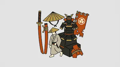 A collection of Japanese samurai items including a sword, armor, a banner, and a figure in traditional dress.