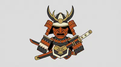 A stylized samurai bust featuring a horned helmet, orange and black armor, and a katana held across the chest.