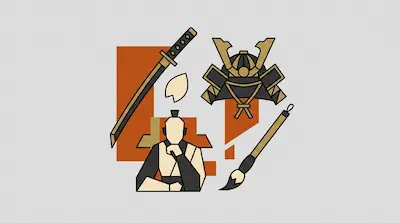 A katana, a samurai helmet, a person in traditional Japanese clothing, and a calligraphy brush arranged over orange geometric shapes.