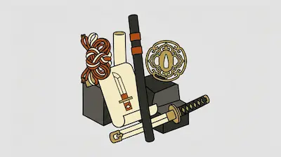 A collection of Japanese-style items including a katana, a scabbard, an ornate gold sword guard, a scroll, and a bundle of rope.