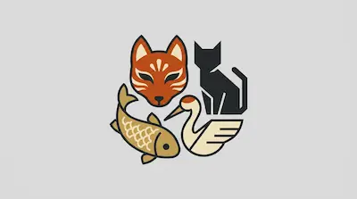 Flat illustration of a fox mask, a black cat, a koi fish, and a crane arranged in a circular cluster