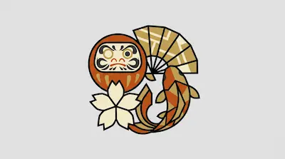 Flat illustration of a Daruma doll, a koi fish, a folding fan, and a cherry blossom on a light gray background