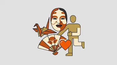 Flat illustration of a Noh mask, an origami crane, a folding fan, and a human figure on a light gray background