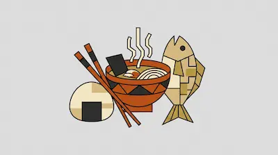 Flat illustration of a steaming ramen bowl, a geometric fish, and an onigiri rice ball against a grey background