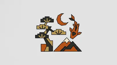 Flat illustration of a geometric bonsai tree, a crescent moon, and a koi fish jumping over a mountain peak
