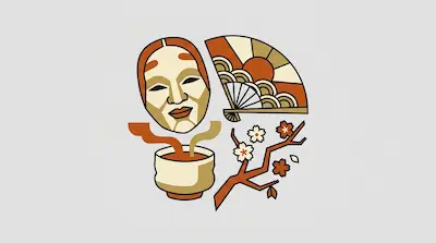 Flat illustration of a Noh mask, a decorative folding fan, a steaming tea bowl, and a cherry blossom branch in warm tones