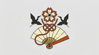Flat illustration of a Japanese folding fan, a cherry blossom, and two crane silhouettes on a light gray background