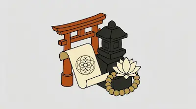 Flat illustration of a red torii gate, a stone lantern, a scroll, and prayer beads on a light gray background