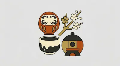 Flat illustration of a red Daruma doll, a cherry blossom branch, a tea bowl, and a stone lantern on a gray background