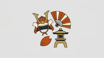 Flat illustration of a samurai helmet, a folding fan, and a stone lantern in orange and gold on a gray background