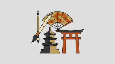 Flat illustration of a Japanese torii gate, a tiered pagoda, a calligraphy brush, and a folding fan on a gray background