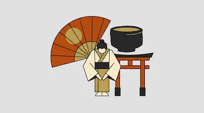 Flat illustration of a person in a kimono bowing next to a red torii gate, a large folding fan, and a black tea bowl