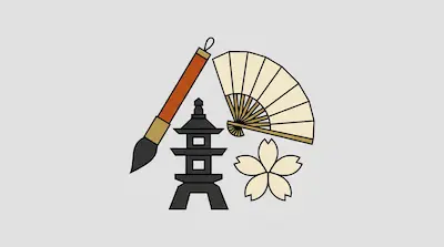 Flat illustration of a calligraphy brush, a folding fan, a cherry blossom, and a pagoda on a gray background