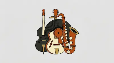 Flat illustration of jazz instruments including a saxophone, a double bass, and a guitar over a vinyl record background