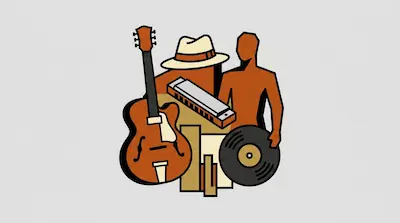 Flat illustration of a guitar, a fedora hat, a harmonica, and a vinyl record in warm brown tones on a grey background