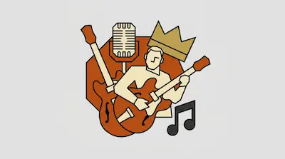 Flat illustration of a man playing a guitar with a microphone, a crown, and a musical note on a gray background