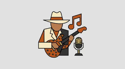 Flat illustration of a musician in a hat playing a spotted guitar next to a vintage microphone and musical notes.