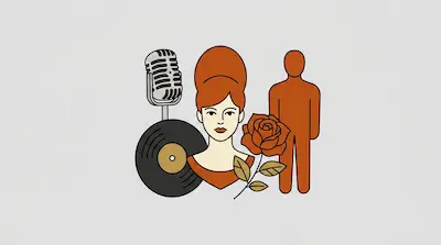Flat illustration of a woman with a beehive hairstyle, a vinyl record, a vintage microphone, and a rose