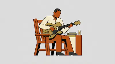 Flat illustration of a man sitting in a wooden chair playing a hollow body guitar next to a harmonica and a drink