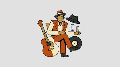 Flat illustration of a man in a suit and hat sitting with an acoustic guitar, a vinyl record, and drinking glasses