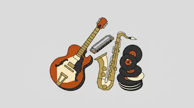 Flat illustration of a hollow body guitar, a saxophone, a harmonica, and a stack of vinyl records on a grey background