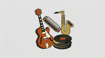 Flat illustration of a hollow body guitar, a saxophone, a harmonica, and a stack of vinyl records on a gray background