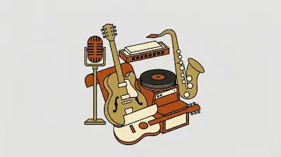 Flat illustration of musical instruments including a guitar, saxophone, and microphone in a retro tan and brown palette
