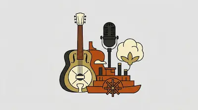 Flat illustration of a resonator guitar, a vintage microphone, a cotton boll, and a riverboat on a gray background