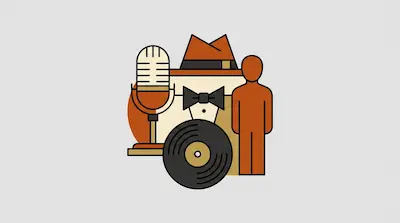 Flat illustration of a vintage microphone, a vinyl record, and a brown human silhouette on a light gray background.