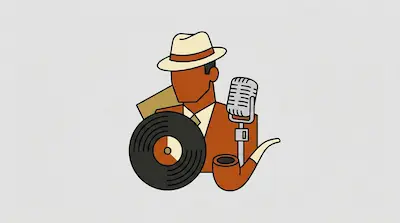 Flat illustration of a man in a fedora with a vinyl record, a vintage microphone, and a pipe on a light gray background
